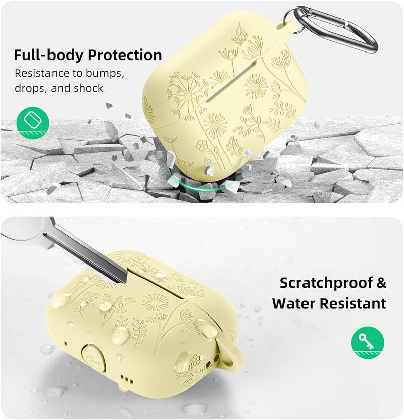 Lerobo for Airpod Pro 2 Case/Airpod Pro Case Cover, Flower Engraved Cute Silicone Skin Full Protective Cover Compatible with Apple Airpods Pro 2nd/1st Generation Case with Keychain, Cream Yellow - Image 3